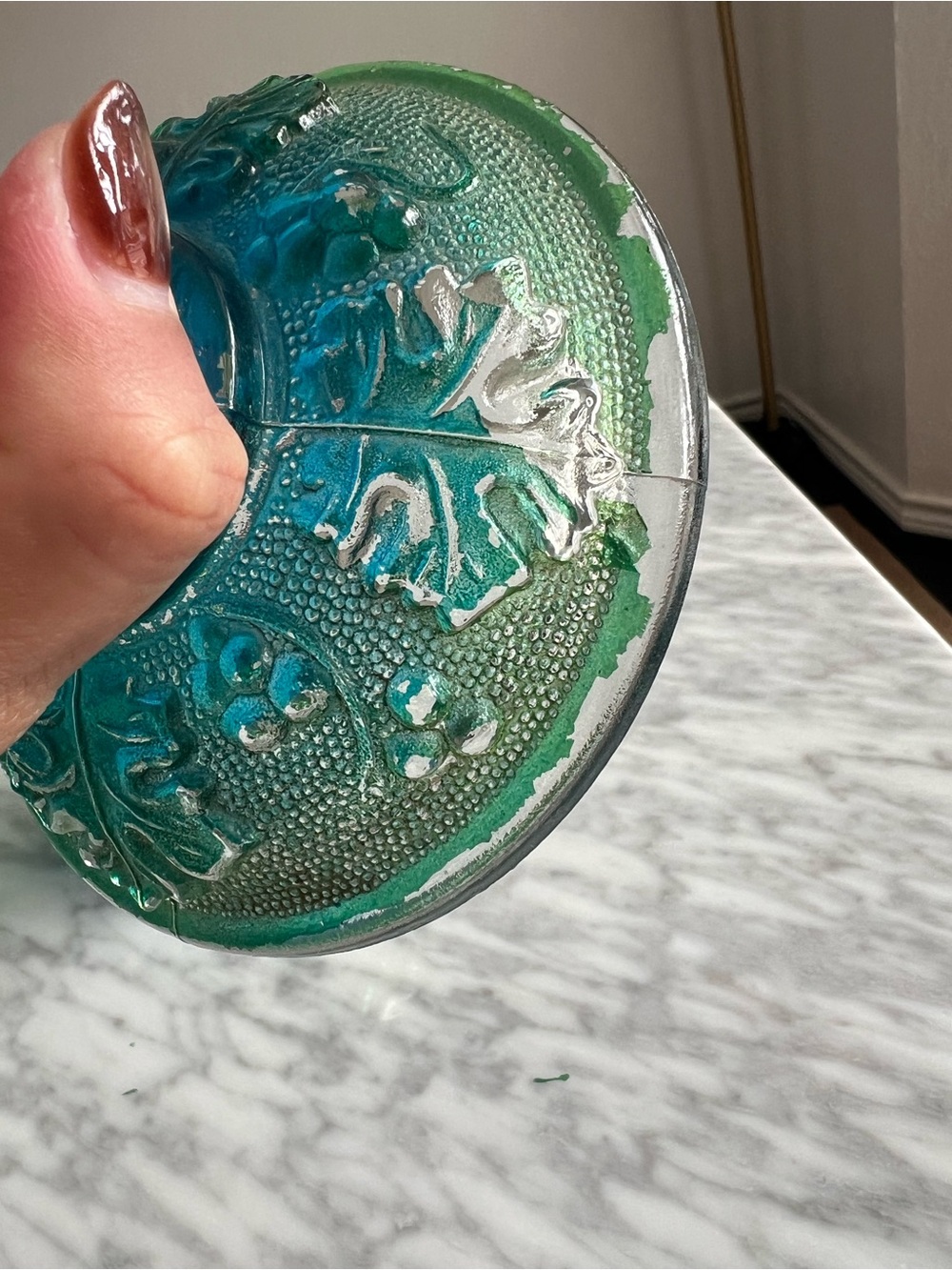 Vintage Flash Glass Blue-Green Decorative Trinket Jar with Lid - Picture 4 of 6